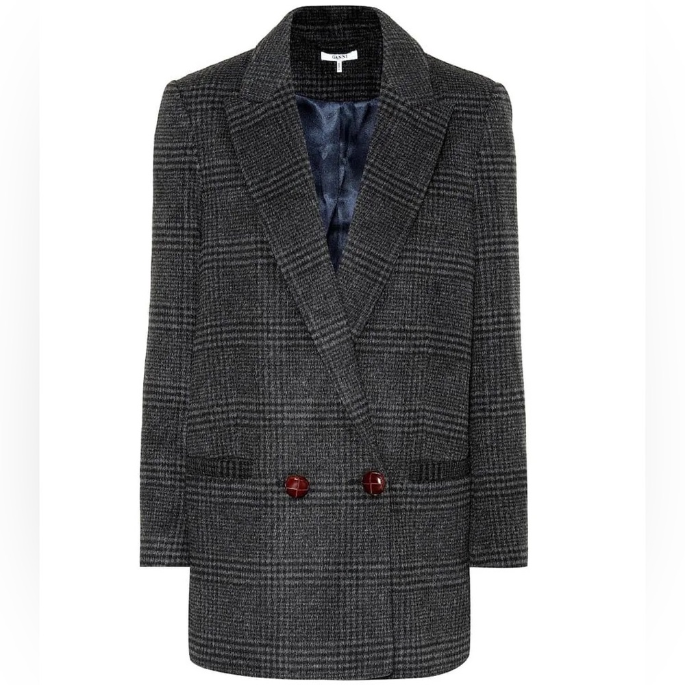 Ganni Woodside Checked Wool Blend Blazer Women’s Grey US 4 Jacket  2 Buttons